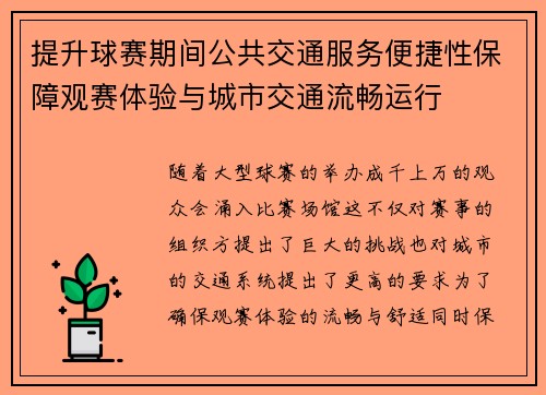 提升球赛期间公共交通服务便捷性保障观赛体验与城市交通流畅运行