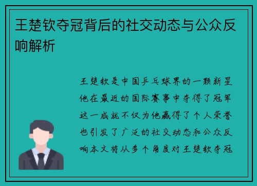 王楚钦夺冠背后的社交动态与公众反响解析